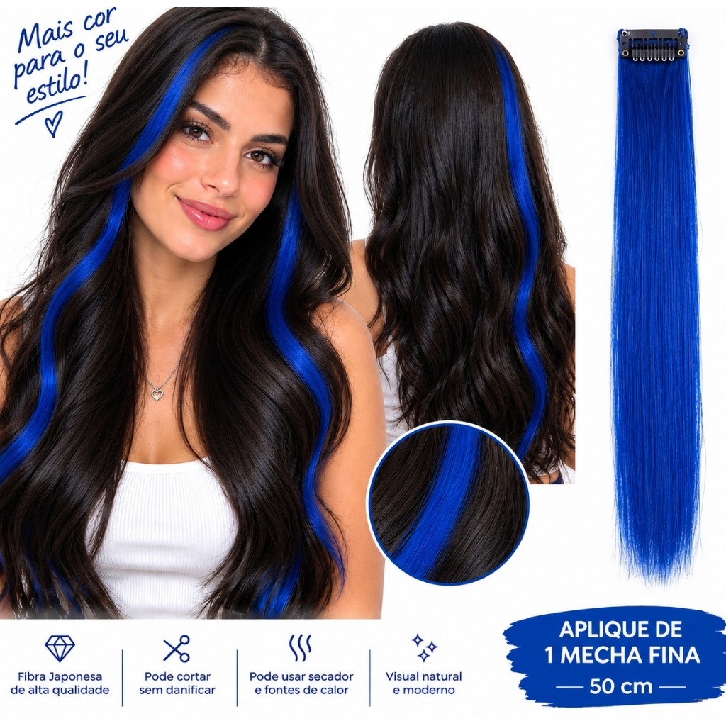 Aplique mecha de cabelo azul para diversas ocasiões 50 cm