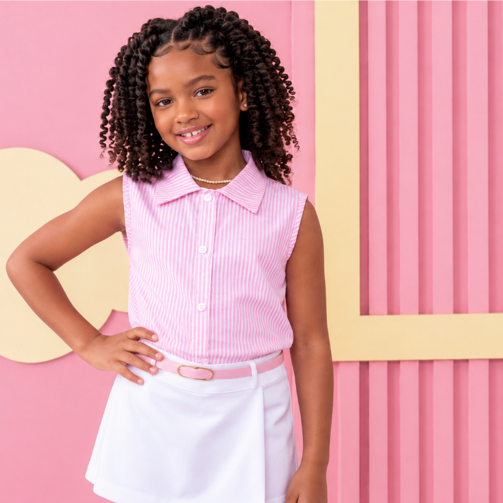 Conjunto Infantil Feminino Menina Blusa de Botão Short Saia com Cinto e Laço Listrado Estampado Verão