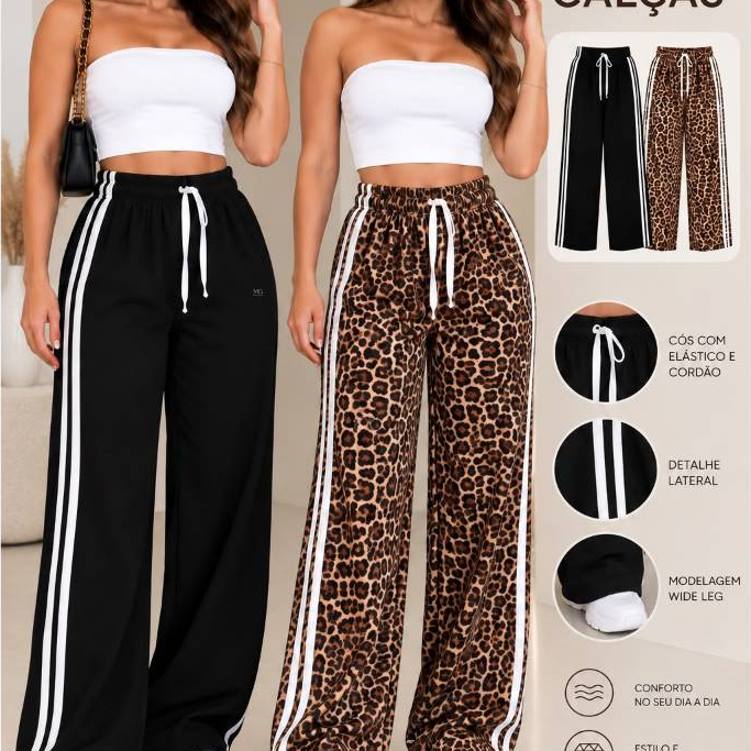 Kit 2 Calça Pantalona Viscolinho Feminina com Elástico na Cintura Casual Confortável Básica