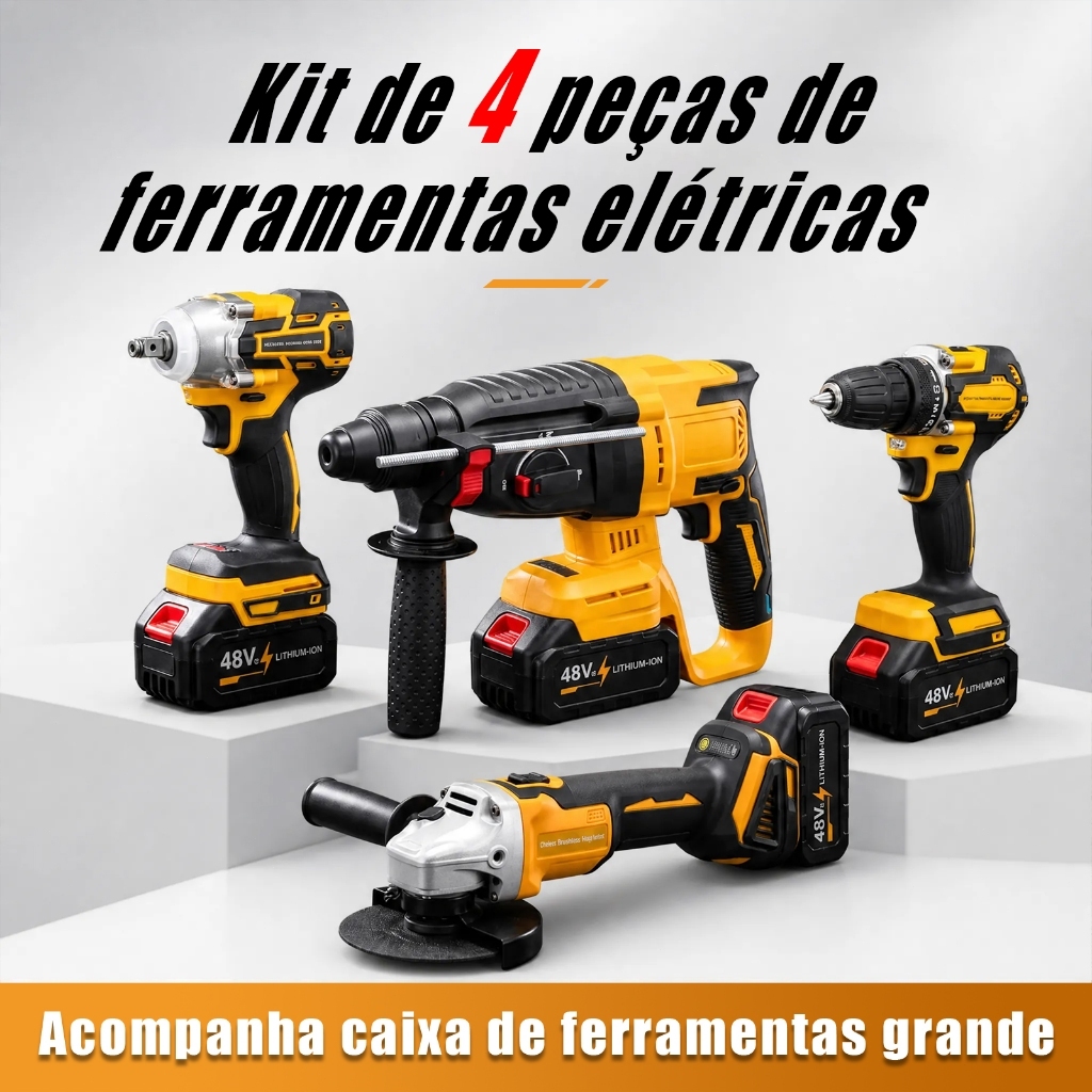 Kit 4 em 1 Ferramentas Elétricas Sem Escova 48V, Furadeira, Martelete, Esmerilhadeira Angular, Opção com 2 ou 4 Baterias
