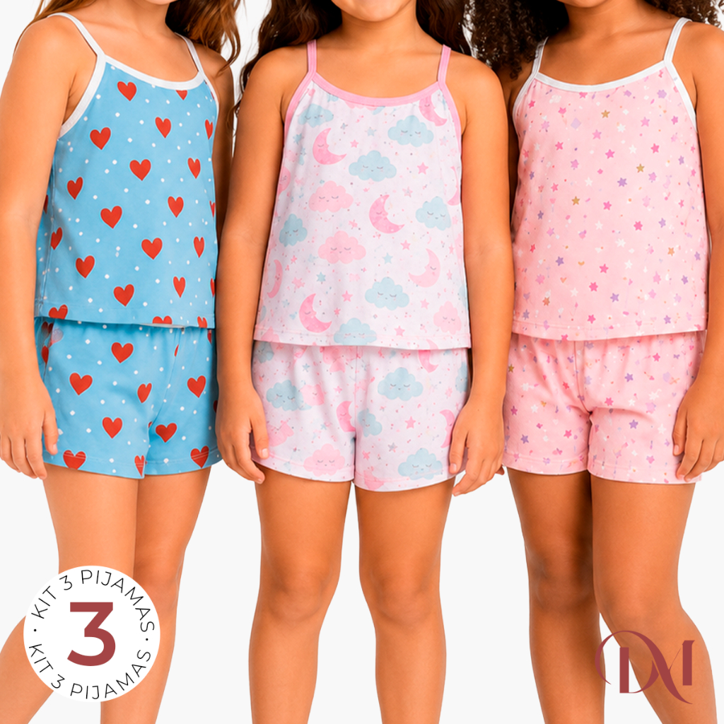 Kit 3 Pijamas Baby Doll Infantil Feminino Menina Estampado Regata Short Leve Confortável