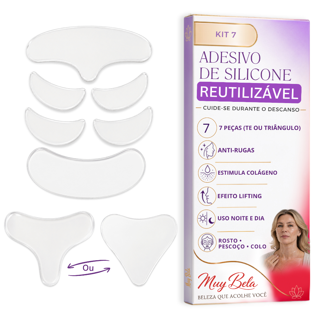 Kit Adesivos Anti Rugas Muy Bela – Skin Care Botox Natural de Silicone | Rosto e Colo Peito (7 Peças Reutilizáveis)