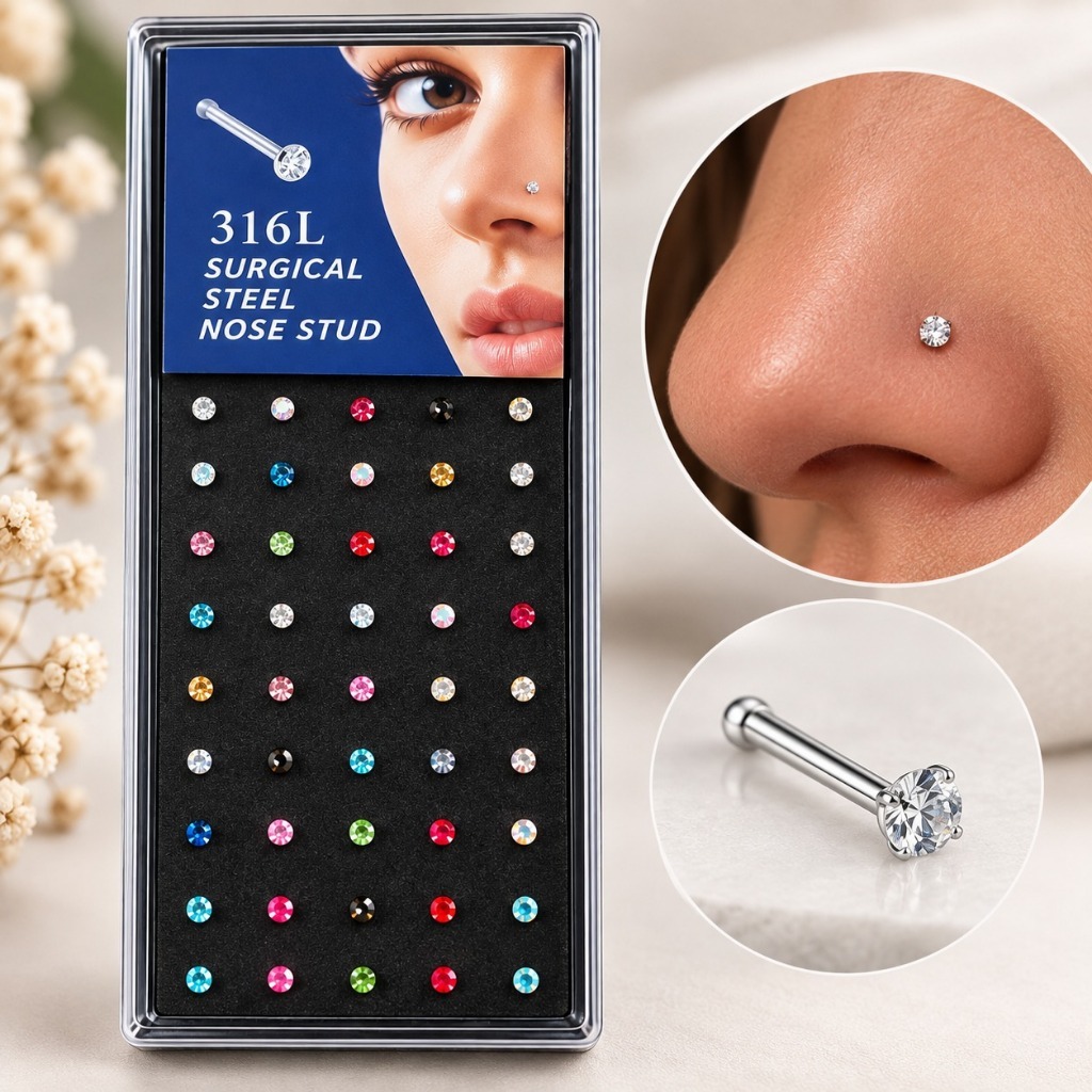 Kit 40 Unidades Piercings de Nariz Strass Coloridos Pedrinha Brilhante Cores Sortidas Feminino/Delicado, Elegante, Luxo.