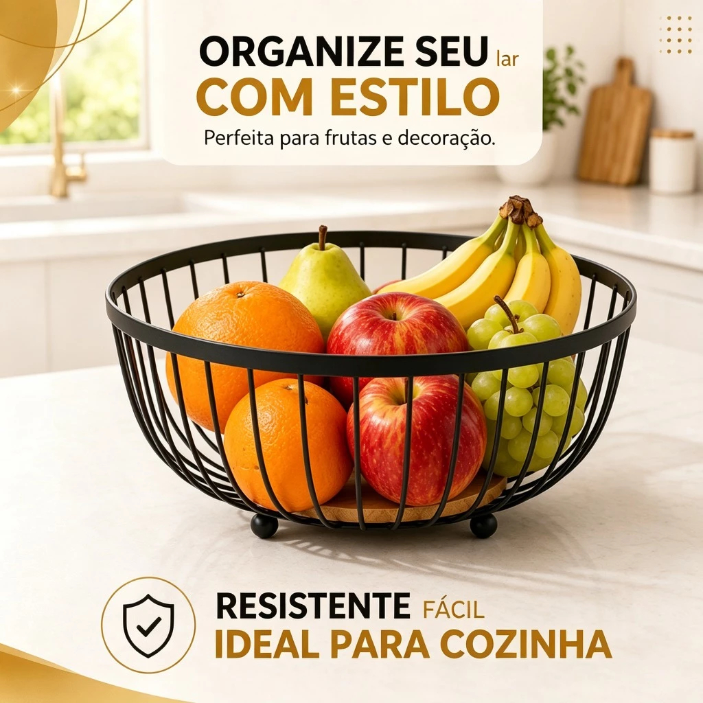 Fruteira de Mesa Rustica de Ferro e Bambu para Café da Manhã Multiuso Metal Preto Cesto Organizador