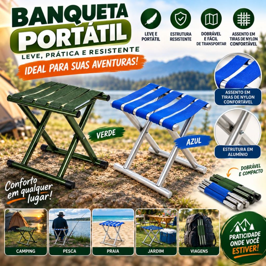 Banqueta Dobrável para Camping, Pesca e Praia | Compacta, Resistente e Portátil Suporta Até 150kg