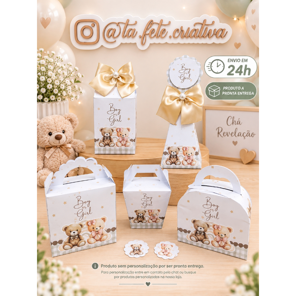 ENVIO RÁPIDO PRONTA ENTREGA | Kit Caixinhas Lembrancinhas | Chá Revelação Ursinhos Bege Boy or Girl | PEGUE E MONTE