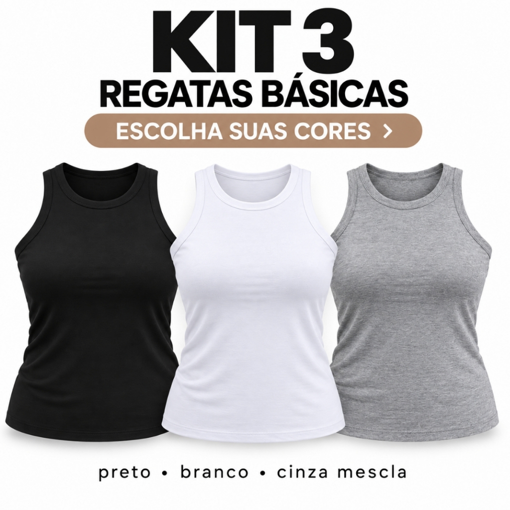Kit 3 Regatas Femininas Básicas em Viscose Premium com Elastano P ao G5 Plus Size