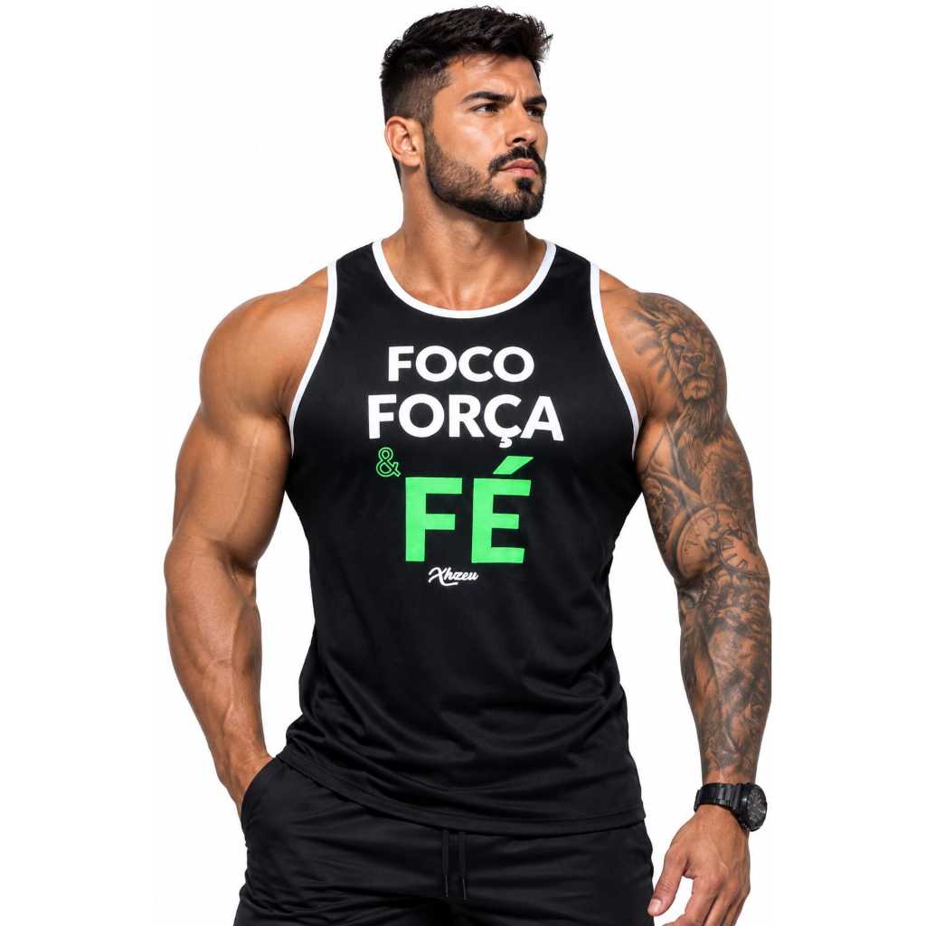 Regata Masculina Xhzeu Foco Força Fé Dry Fit Proteção UV Academia Treino Fitness
