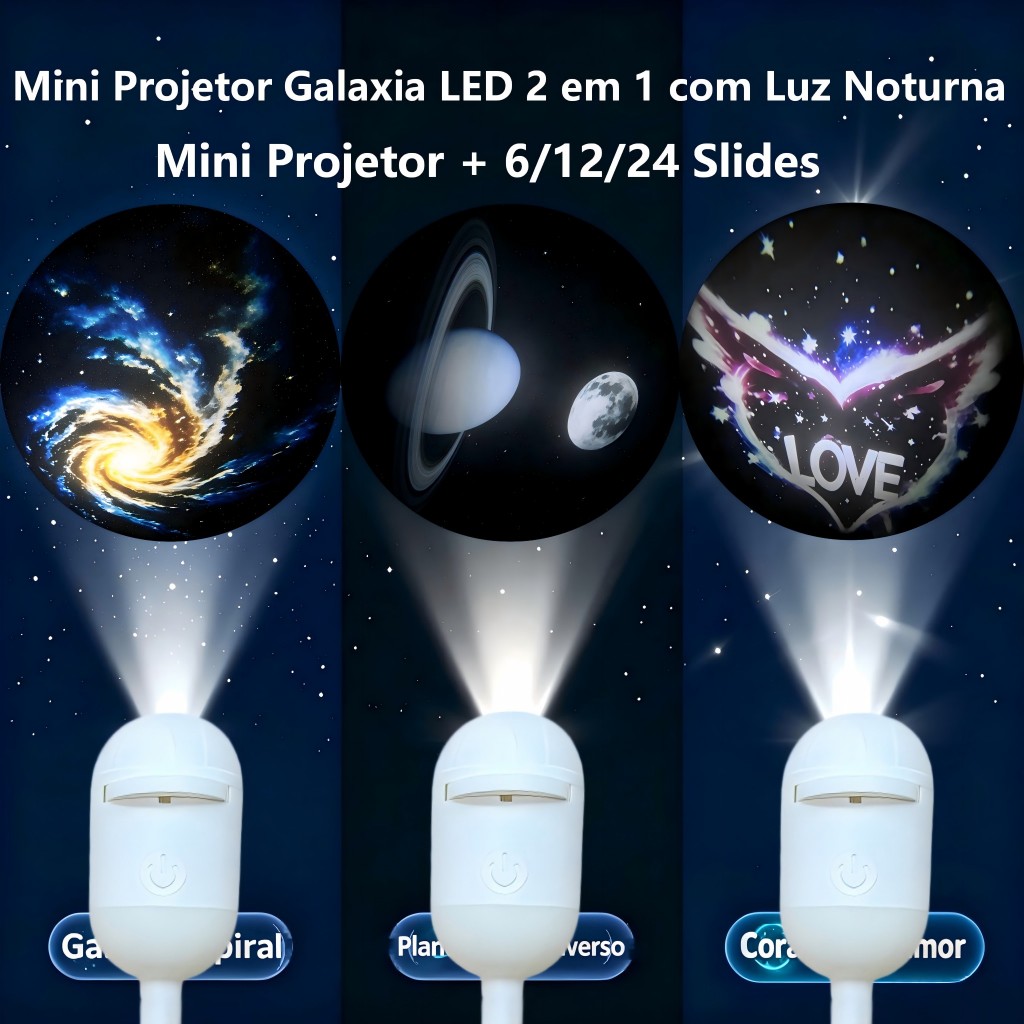 Projetor de Estrelas Galáxia Luz Noturna 2 em 1, Céu Estrelado, 24/12/6 Padrões, USB, Quarto e Carro