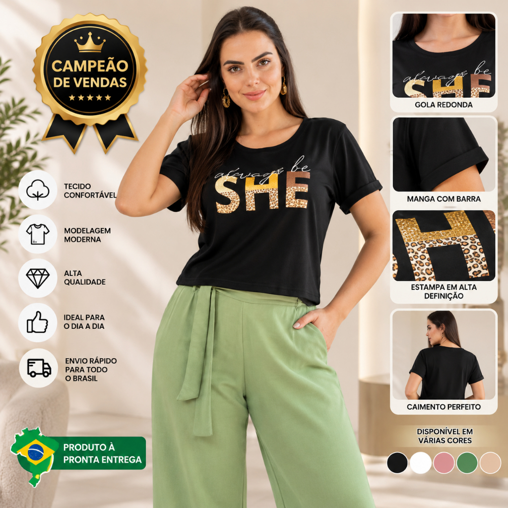 Camiseta Feminina Algodão Peruano Premium Estampa She T-Shirt Manga Curta Blusa Verão P M G