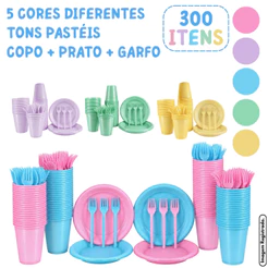 300 Itens Descartáveis Colorido Cores Candy Pastel Festa Aniversário Azul Rosa Verde Lilás Amarelo