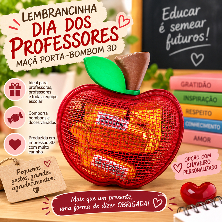 Lembrancinha Dia dos Professores Maçã 3D Porta Bombom com Chaveiro Personalizado