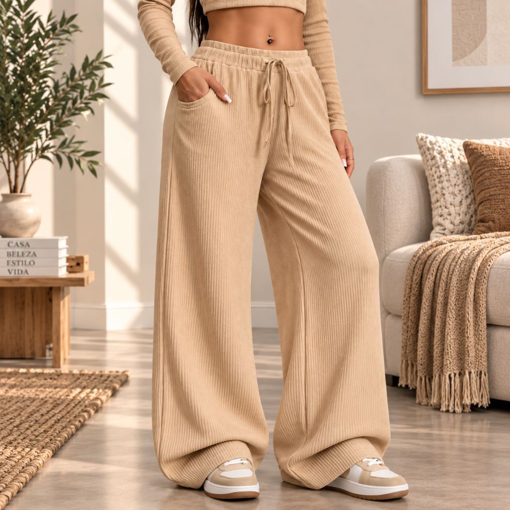 Calça Pantalona Feminina Wide Leg Canelada Premium Cintura Alta com Bolsos Elegante Confortável Tendência
