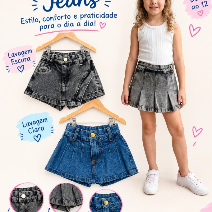 Short Saia Jeans Infantil Colegial Pregas Vários Modelos Com Regulagem na Cintura - Tam 04 ao 12