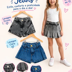 Short Saia Jeans Infantil Colegial Pregas Vários Modelos Com Regulagem na Cintura - Tam 04 ao 12