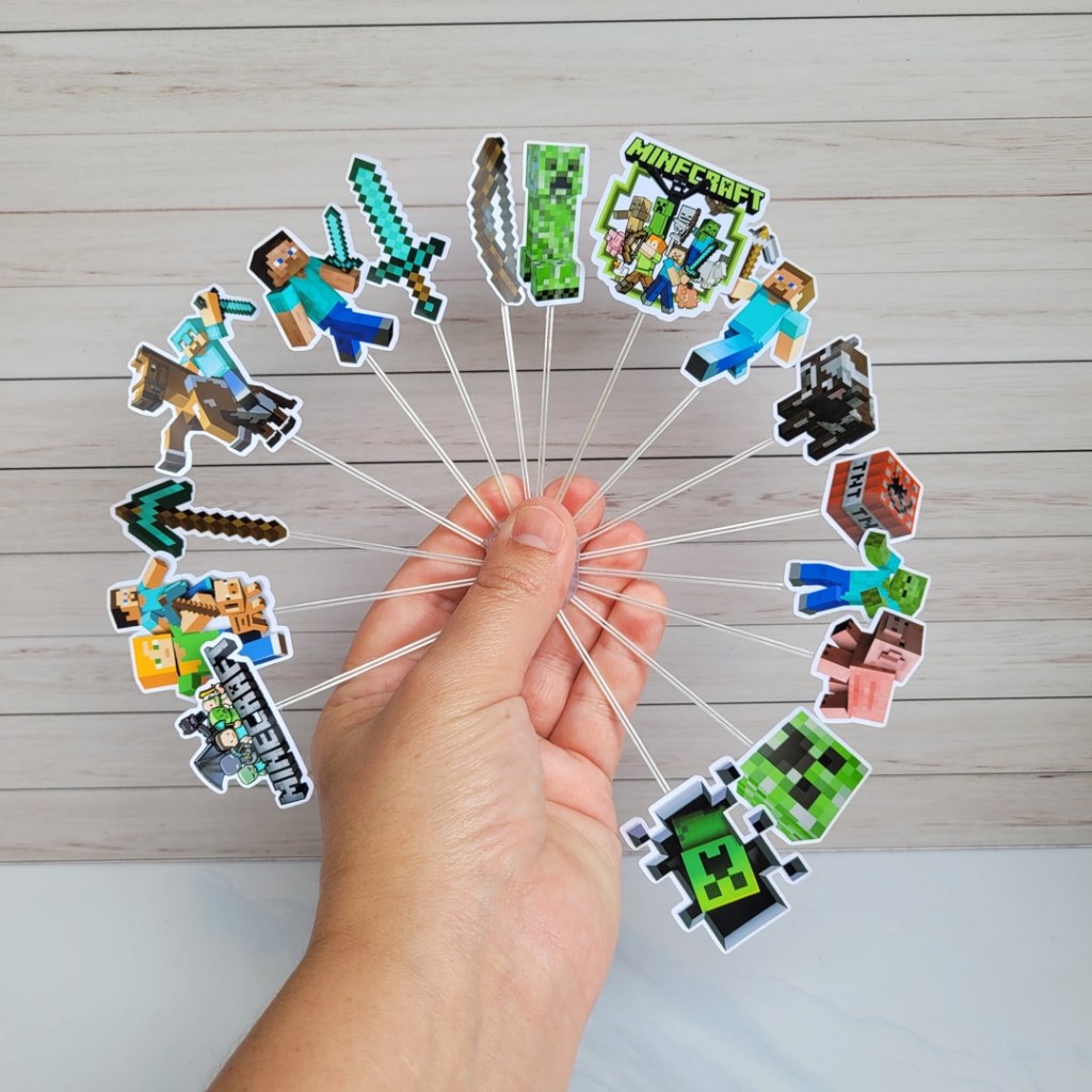 Kit Topper para Docinhos Minecraft Personalizado com Hastes Transparentes – Brigadeiro, Cupcake e Festa Infantil