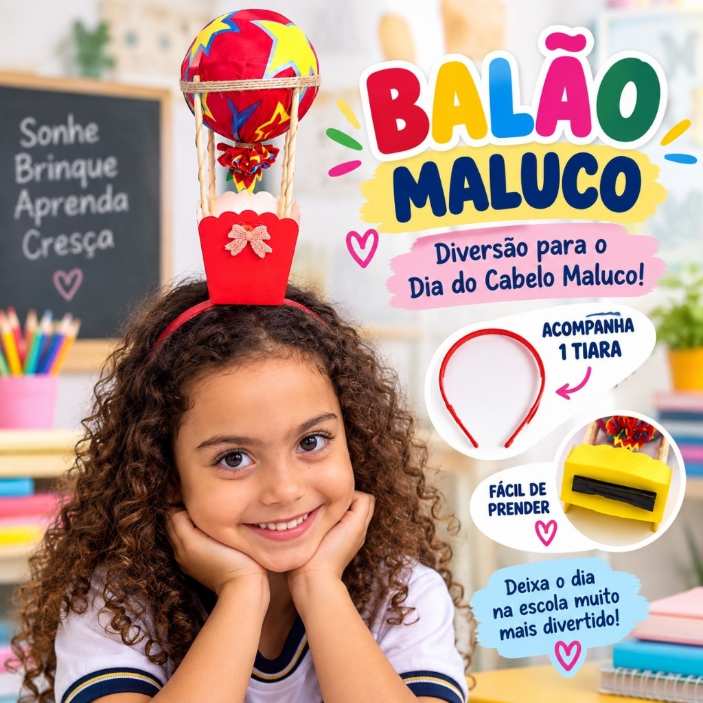 Tiara Cabelo Maluco Balão Infantil para Escola Dia do Cabelo Maluco Fácil de Usar