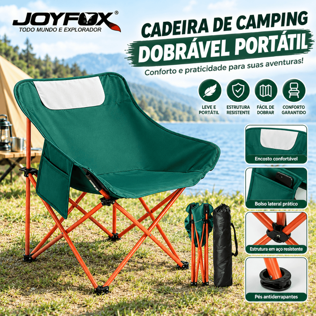 Cadeira Dobrável Portátil Moon Chair JOYFOX para Camping com Bolsos Laterais Leve Confortável