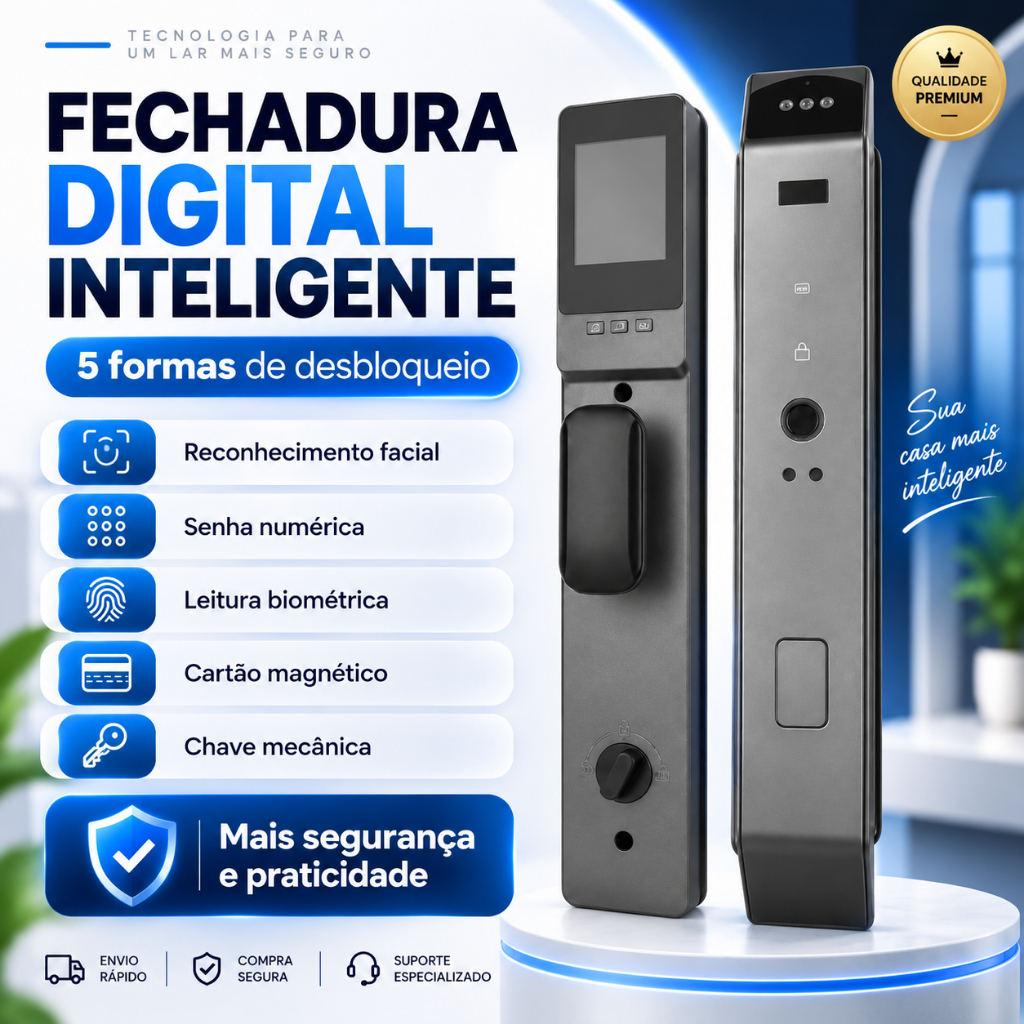 Fechadura Digital Inteligente Reconhecimento Facial Biometria Senha Cartão Câmera HD App Eletrônica Visor Interno Porta