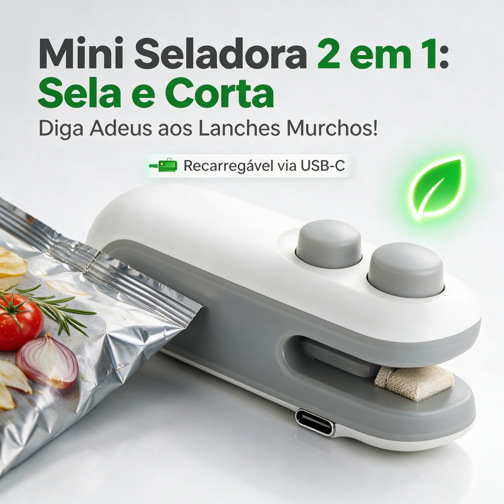 Mini Seladora Recarregável USB-C 2 em 1 para Selar e Cortar Sacos de Alimentos, Pacotes de Snacks e Embalagens Plásticas