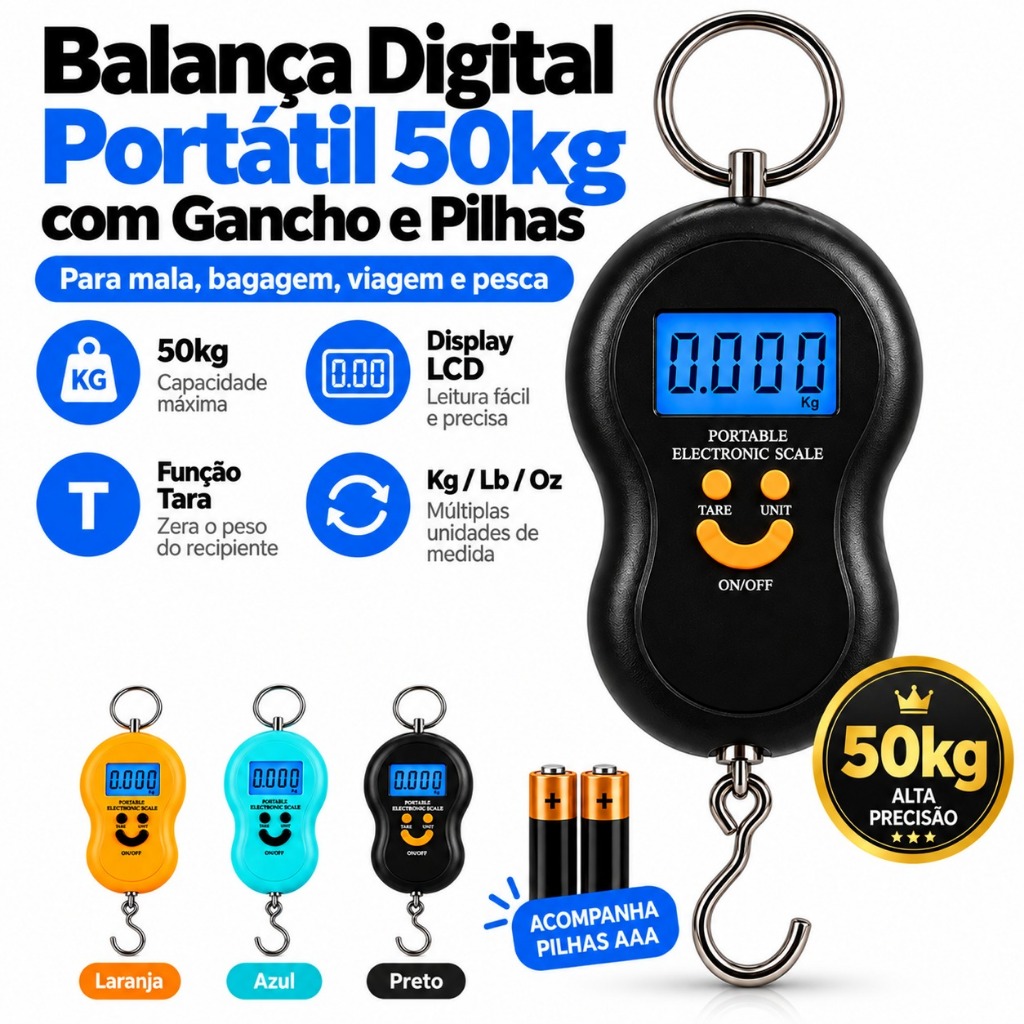 Balança Digital Portátil 50kg com Gancho e Pilhas Para Mala Bagagem Viagem e Pesca