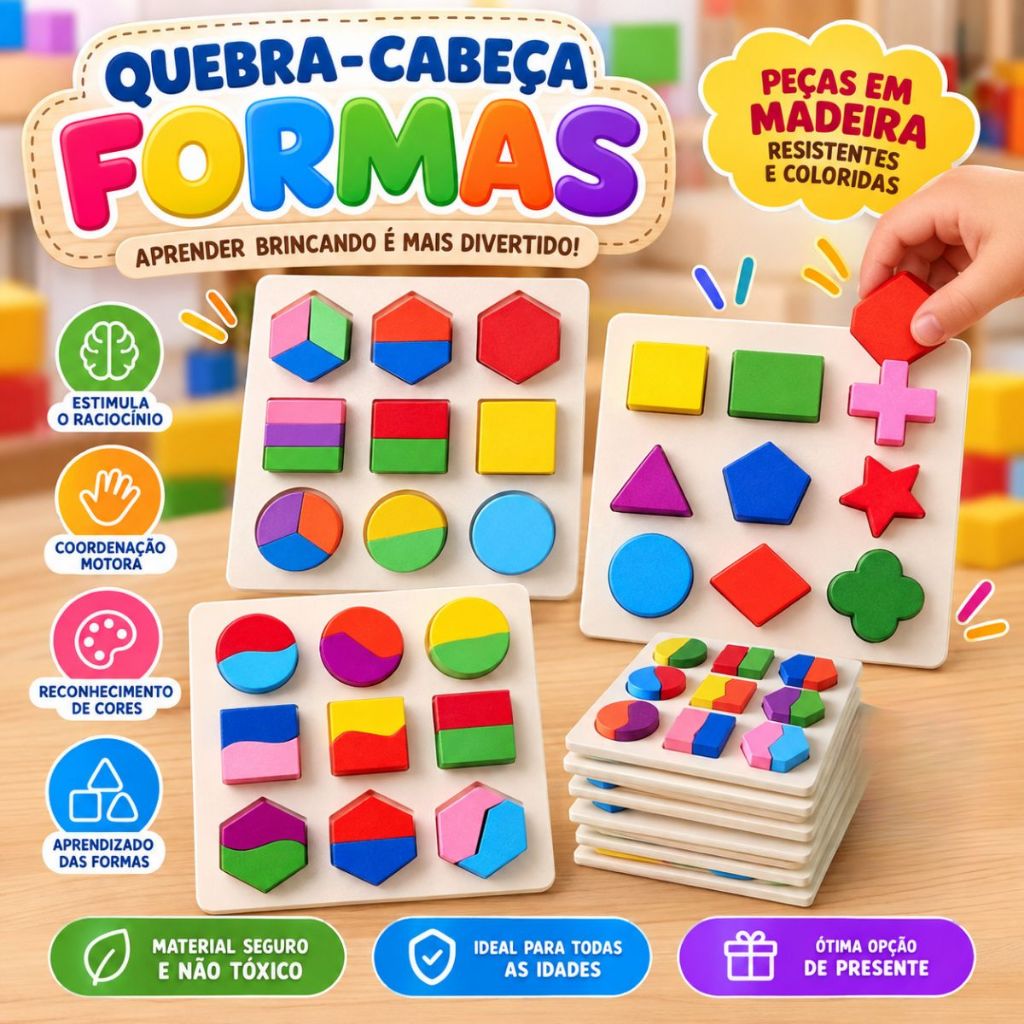 Brinquedos Educativos Montessori Crianças 3un Quebra-Cabeças Frações Madeira 3D Forma Geométrica