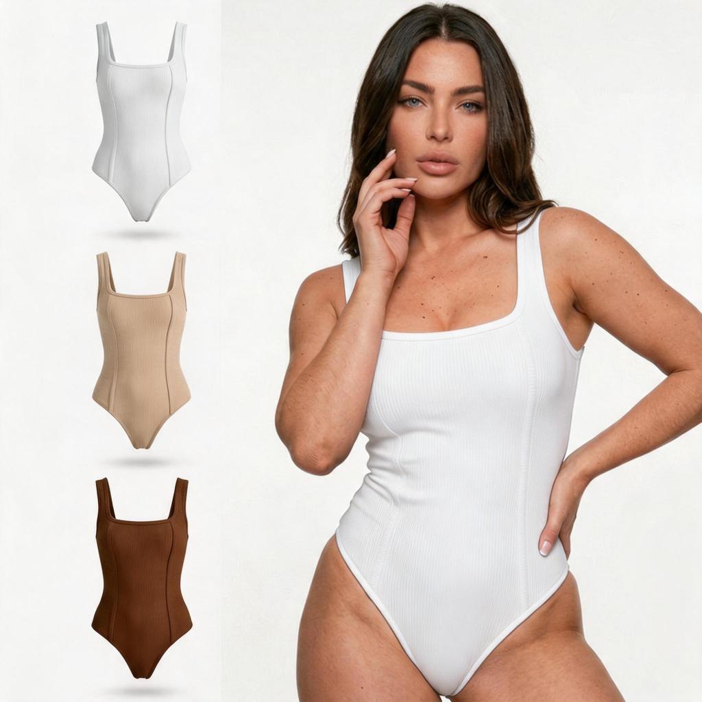 KIT Body Feminino Regata Decote Quadrado Canelado Premium Tendência Estilo Blogueira Modelador