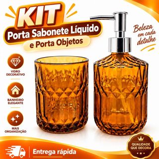 Kit Banheiro 2 Peças Vidro Âmbar Porta Sabonete Líquido Porta Objetos Organizador Elegante para Lavabo