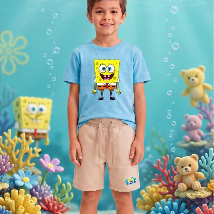 Conjunto Infantil de Short Moletom e Camiseta 100% Algodão personagem BoB Esponja