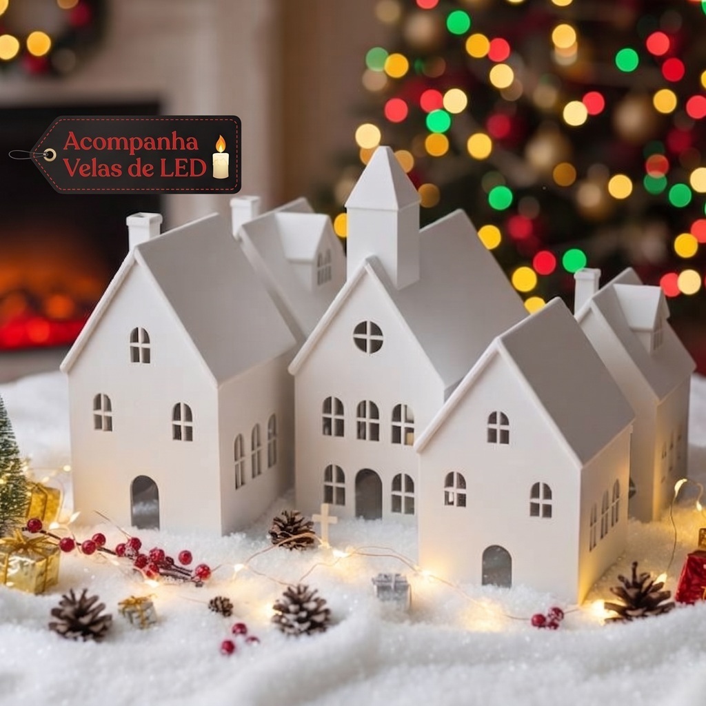 Kit 5 Casinhas Vila Natalina Iluminadas - Com Velas de Led - Magia e Aconchego para o seu Natal!