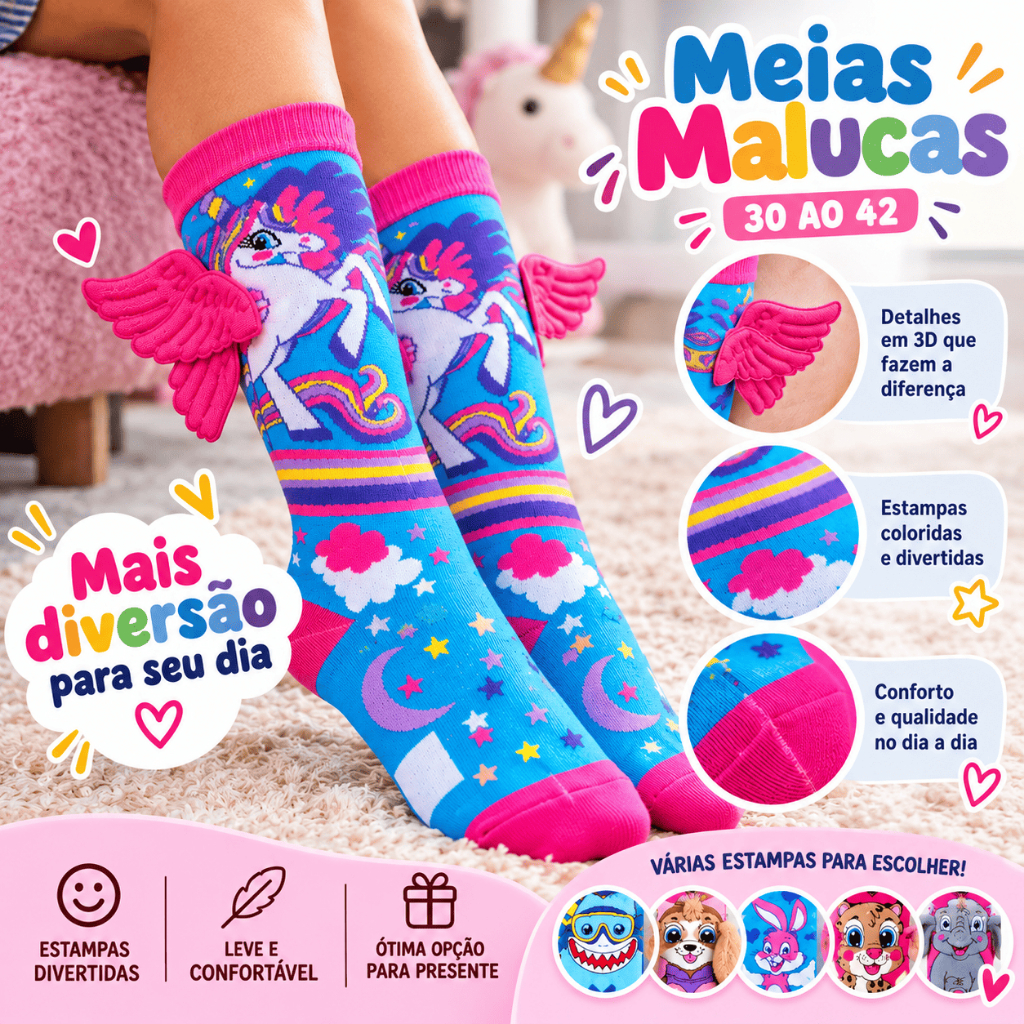 Meia Maluca Infantil 3D Cano Alto Divertida Colorida Pelúcia Presente Criança Tamanho Único 24 ao 37