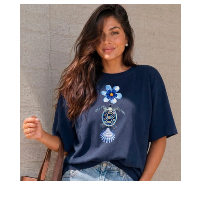 Camiseta Blusa Feminino Tshirt 100% Algodão FLOR TARTARUGA CONCHA MAR Estilosa Super confortável, Linda e Envio Rá