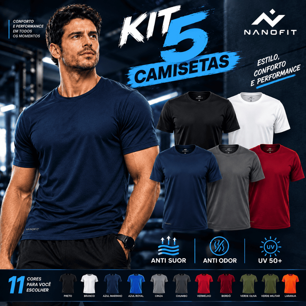 Kit 5 Camisetas Dry Fit Masculina NanoFit Não Amassa Academia Sem Suor e Sem Odor com Proteção Uv+