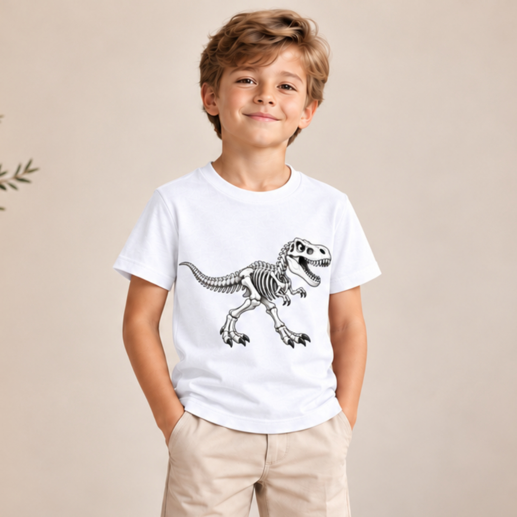 Blusa Infantil Masculina Dinossauro T-Rex Esqueleto Camiseta Estampada Confortável Uso Diário Meninos Estilosos