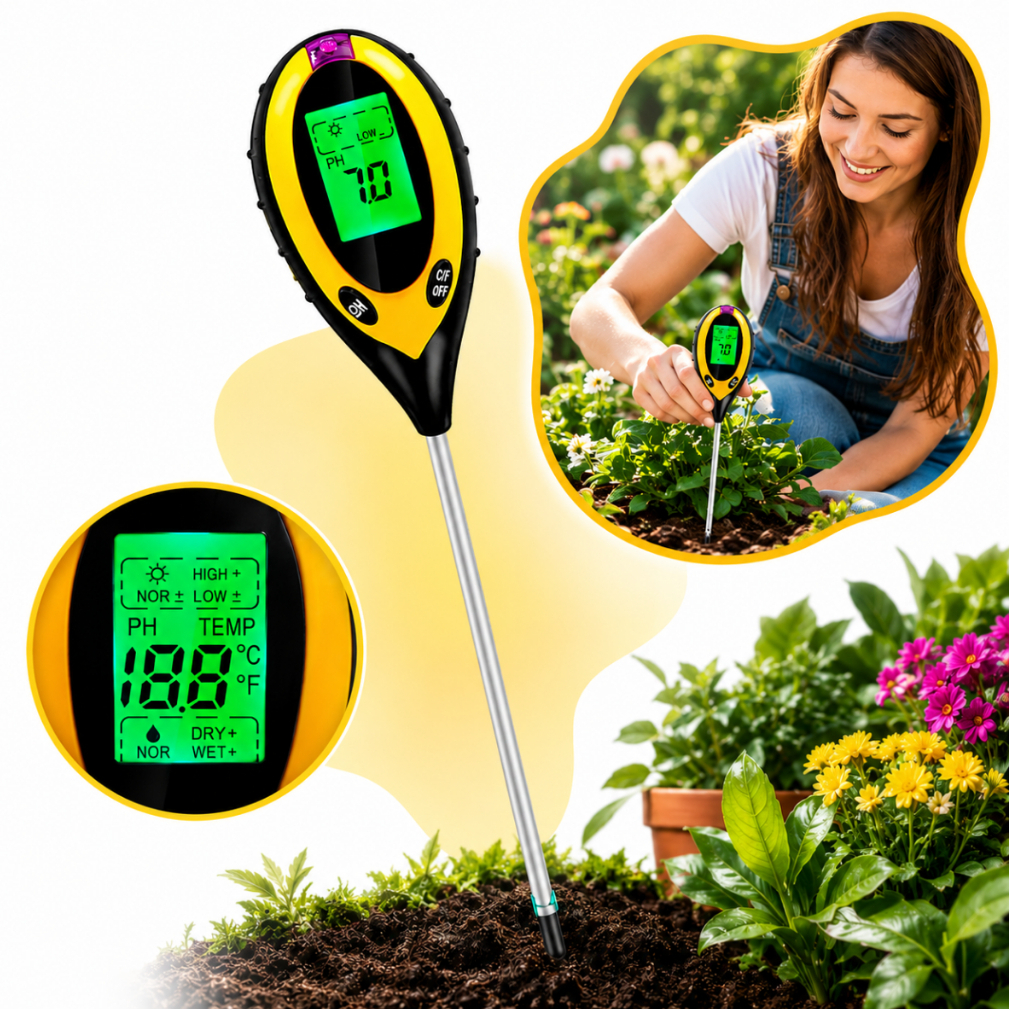 Medidor Digital de pH do Solo 4 em 1 Umidade Temperatura Luminosidade Testador Terra Jardim Plantas