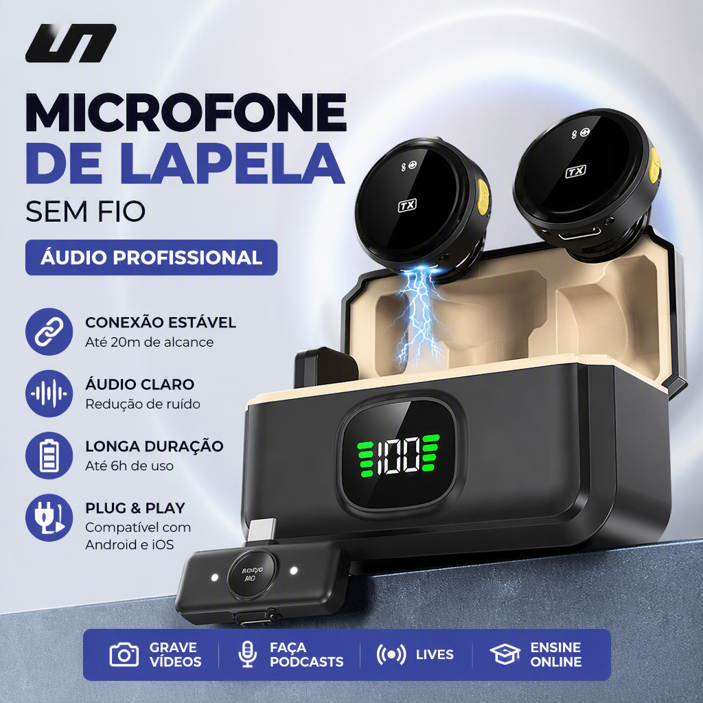 Microfone Lapela Sem Fio 2 Mini Cancelamento Ruído Magnético Profissional IPhone Android Type C