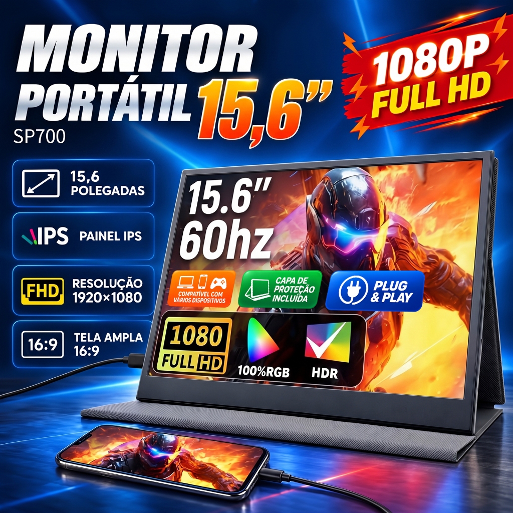Monitor Portátil 15.6" 1080P FHD IPS Tipo-C HDMI Plug and Play Capa Protetora PC Notebook Celular
