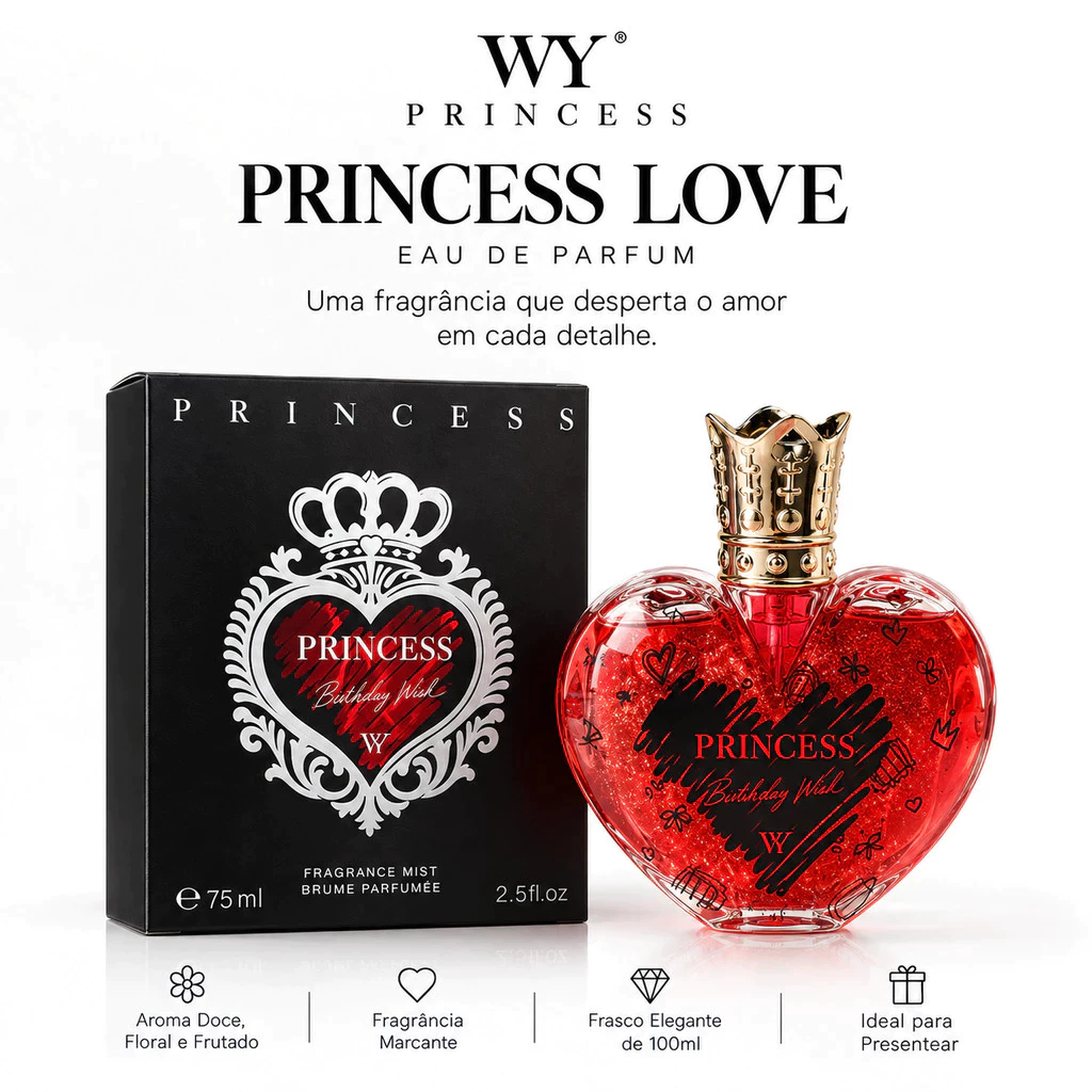 Perfume Feminino Princess Love 100ml Frasco Coração Presente Aromas Floral Frutado Longa Fixação