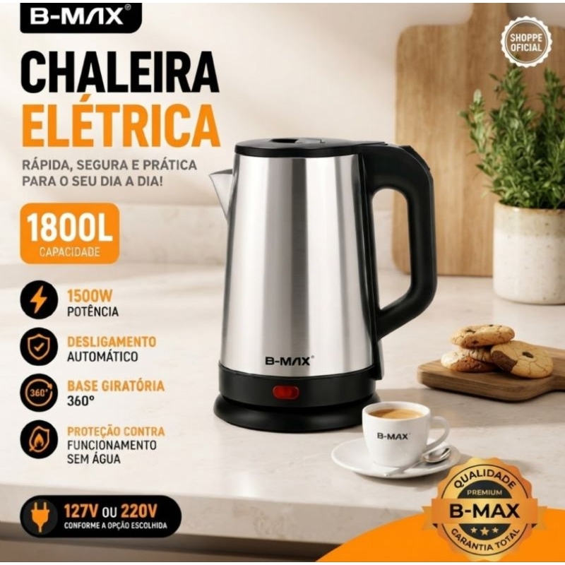 Chaleira Elétrica Inox Escovado B-MAX  Base 360° Desligamento Automático 1,8L 1500W 127V/220V
