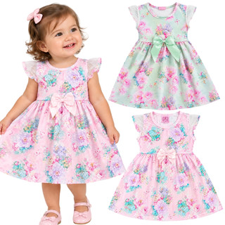 Vestido Infantil Menina Floral com Laço na Cintura e Manga de Tule Tamanho 1-2-3 | Vestido Bebe | Roupa Infantil Menina