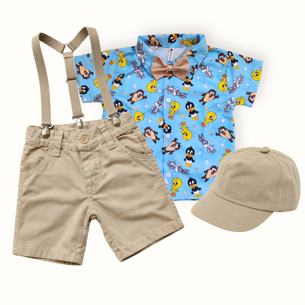 Conjunto com Boné Looney Tunes Infantil Look Festa, Aniversário Roupa Temática Social Menino com Suspensório e Gravata