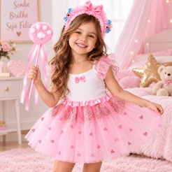 Fantasia Infantil Rosa Kit Saia Tule 30cm Corações Glitter Tiara com Lacinhos e Varinha