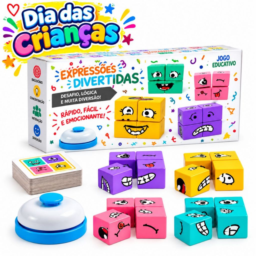 Jogo Cubo Das Emoções Com Sino Campanhia Faces Brinquedo Educativo Quebra Cabeça Cara Careta