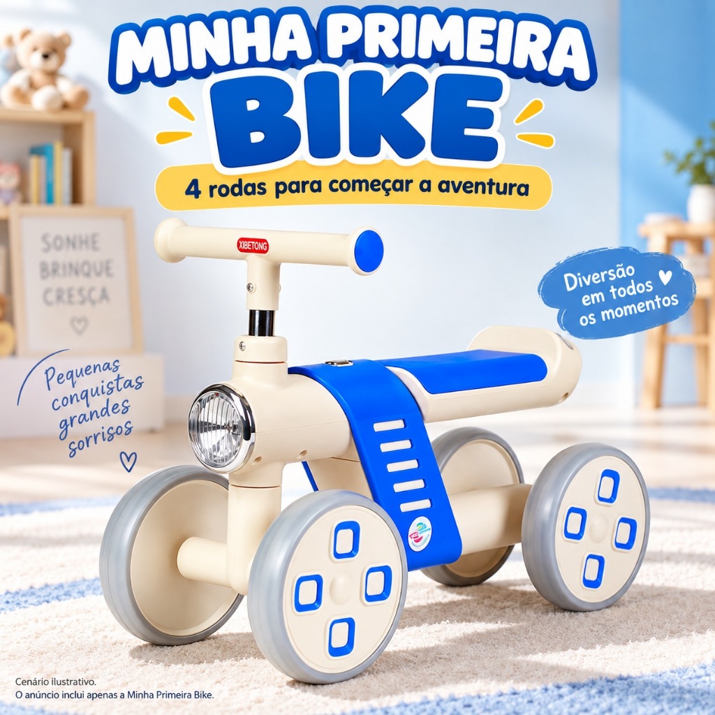 Bicicleta Infantil de Equilíbrio 4 Rodas Sem Pedal Mini Bike para Bebê com Luz e Som Azul