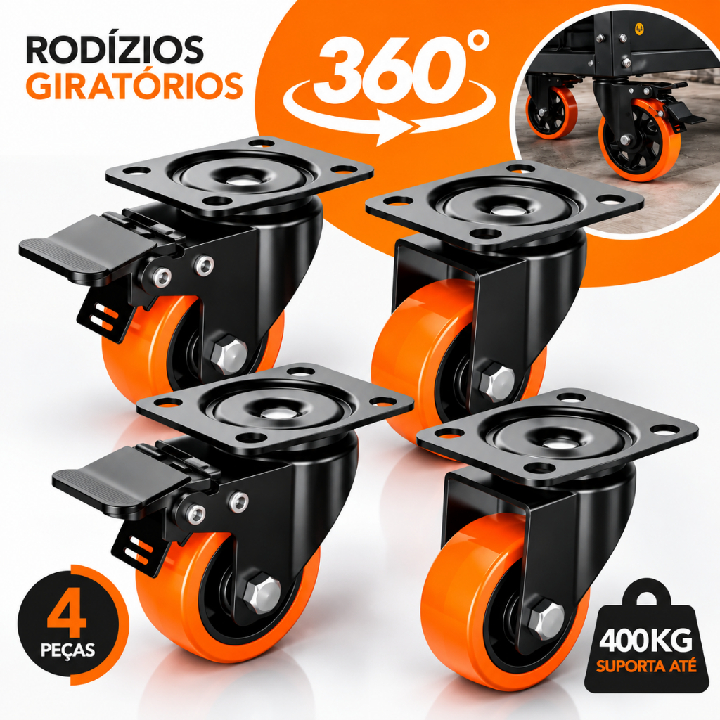Kit 4 Rodizios Rodinhas Giratórias 360° Reforçadas P/ Móveis Pesados 400kg Borracha Anti Risco Com Freio Trava