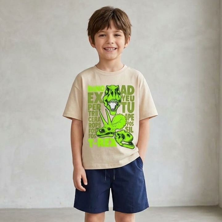 Kit Camiseta Algodão E Bermuda Tactel Conjunto Infantil Menino Roupa Verão Dinossauro T-Rex Combo