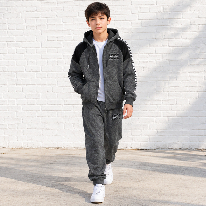 Conjunto Moletom Juvenil Masculino Com Capuz e Zíper Flanelado Inverno Moda Masculina Infantil Confortável