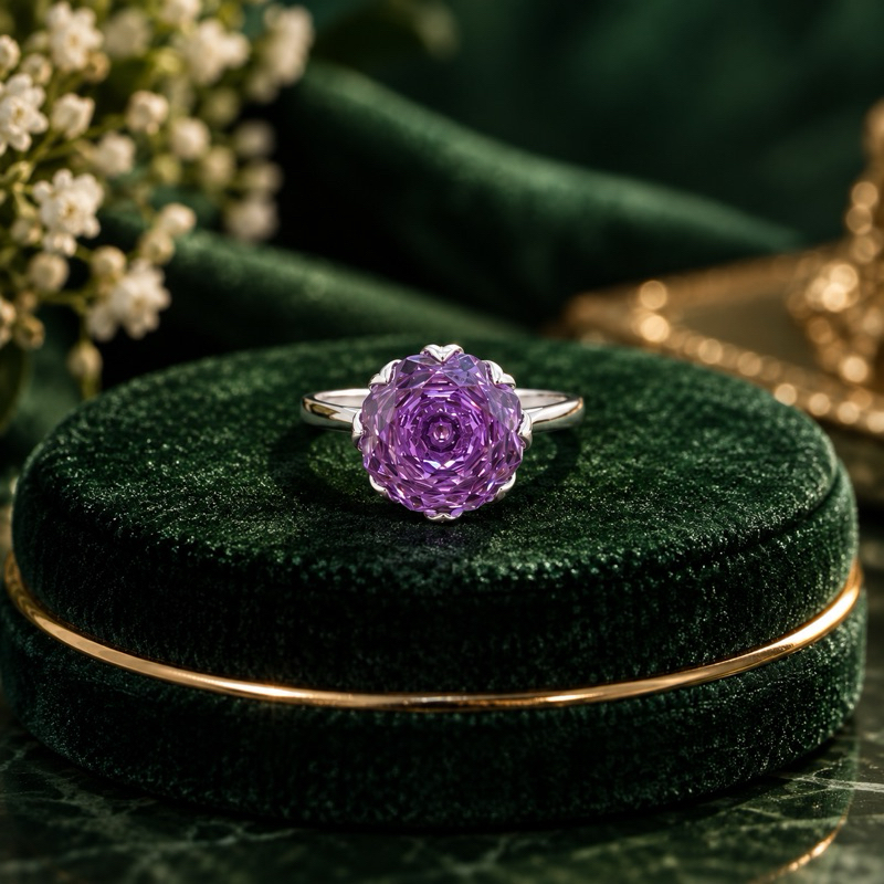 Anel Feminino Rose Cut Lua Lilás 10mm em Prata 925 Elegante