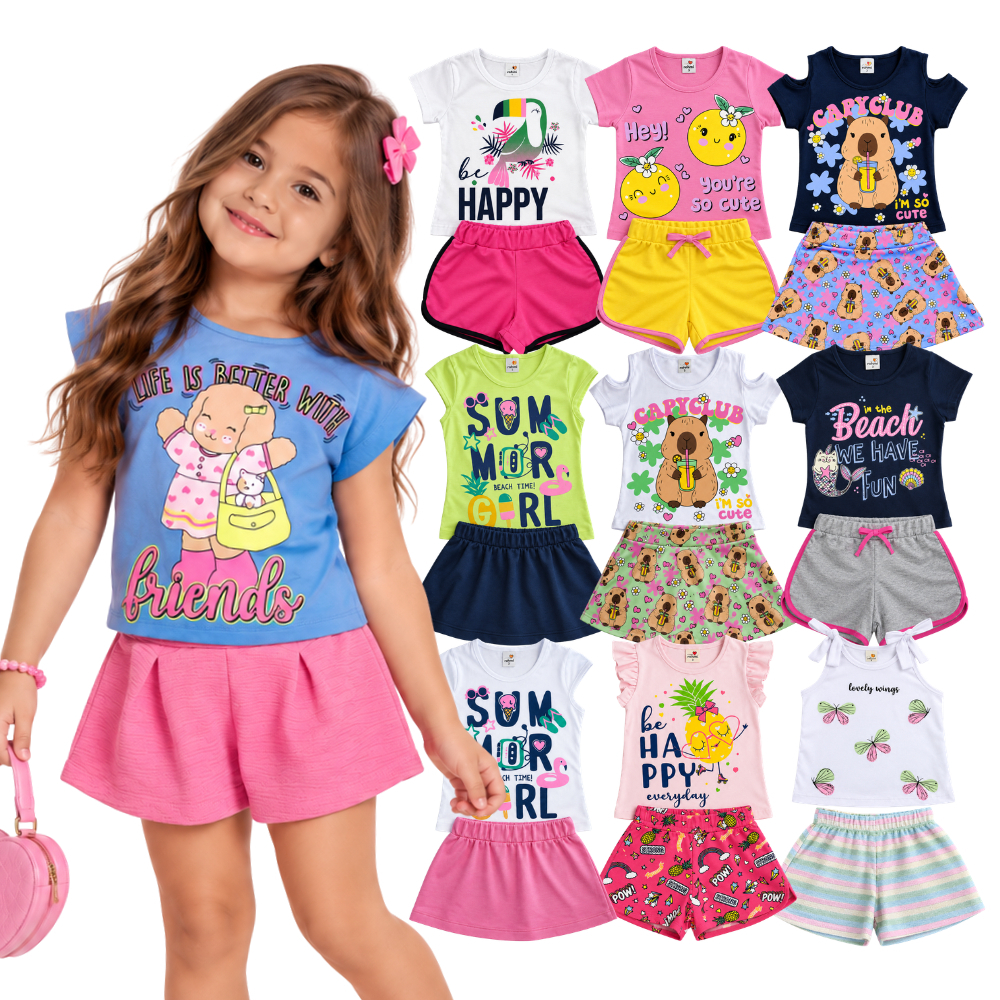Kit 4 Conjunto Infantil Menina Verão Premium Blogueirinha Sortido | Blusa Infantil + Short ou Short Saia | Atacado