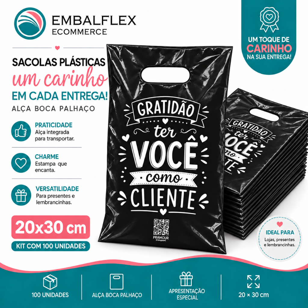 Sacola PRETA Kit Com 100 Uni. Boca De Palhaço 20x30